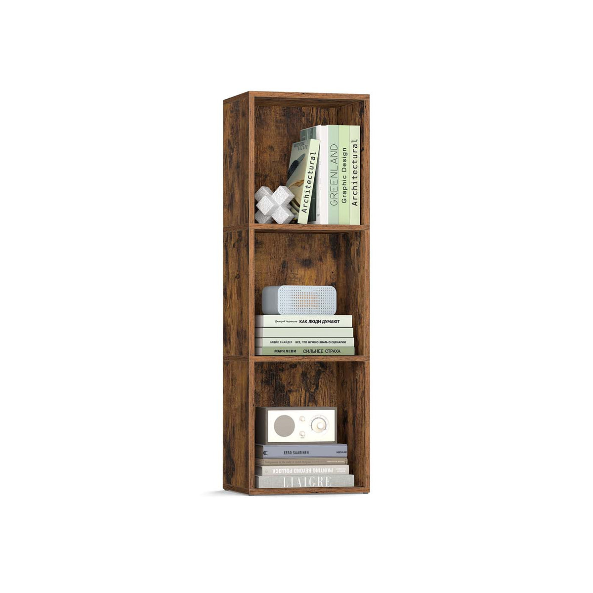 3-Tier Bookshelf with Open Compartment Design, Slim Vertical Bookcase for Corner Storage, Stable H-Frame Structure, Easy Assembly, for Living Room or Home Office, Rustic Brown