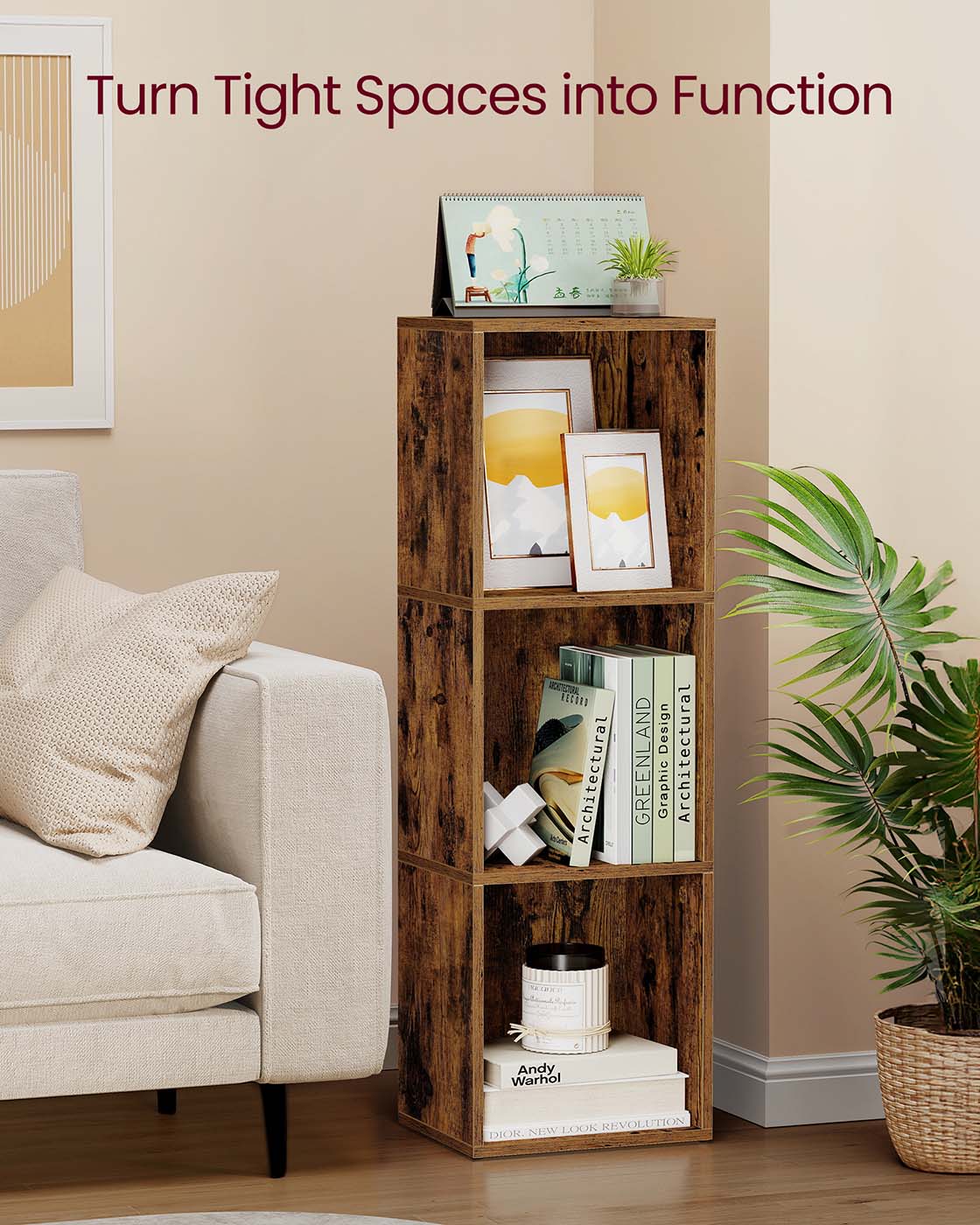 3-Tier Bookshelf with Open Compartment Design, Slim Vertical Bookcase for Corner Storage, Stable H-Frame Structure, Easy Assembly, for Living Room or Home Office, Rustic Brown