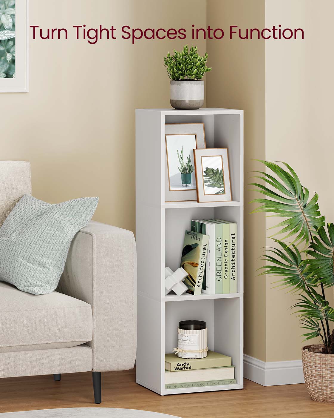 3-Tier Bookshelf with Open Compartment Design, Slim Vertical Bookcase for Corner Storage, Stable H-Frame Structure, Easy Assembly, for Living Room or Home Office, Cloud White