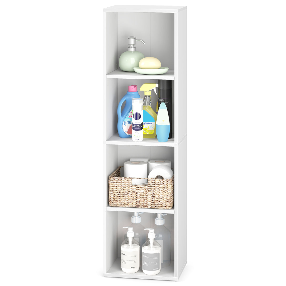 4-Tier Bookshelf with Adjustable Open Compartments, Slim Vertical Bookcase for Corner Storage, Stable H-Frame Structure, Easy Assembly, for Living Room or Home Office, Cloud White