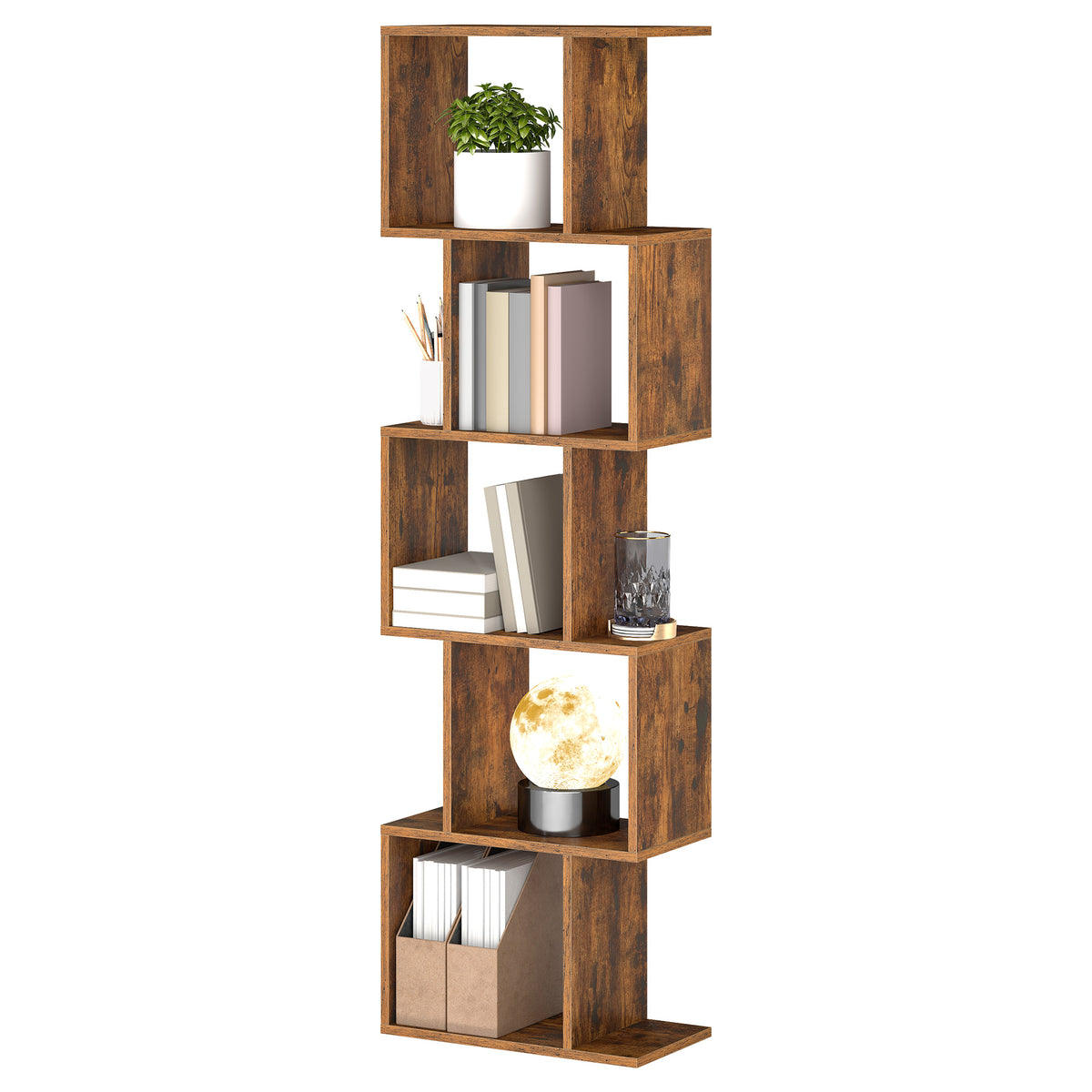 5-Tier S-Shaped Bookshelf with Open Compartments, Modern Storage Bookcase for Living Room Bedroom Office, Rustic Brown