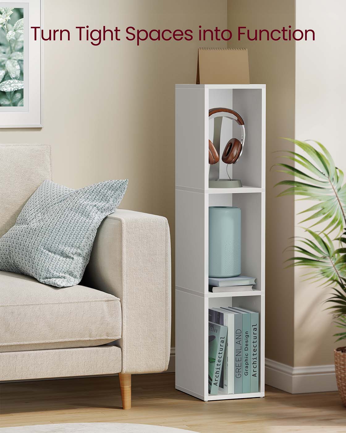3-Tier Bookshelf with Open Compartment Design, Slim Vertical Bookcase for Corner Storage, Stable H-Frame Structure, Easy Assembly, for Living Room or Home Office, Cloud White
