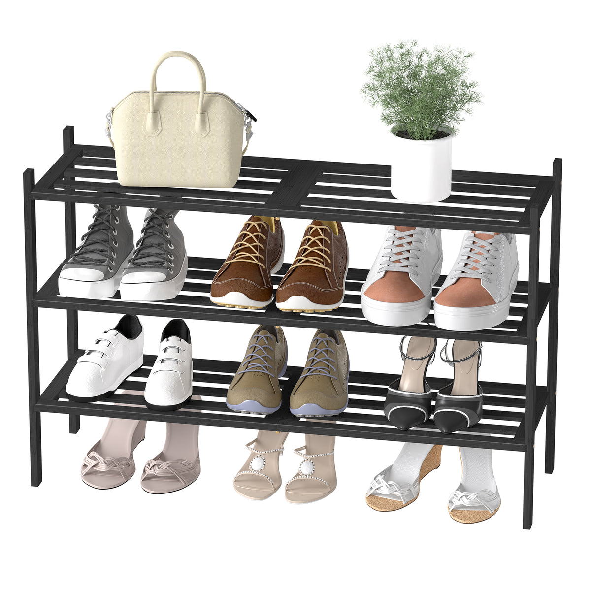 3-Tier Wooden Shoe Organizer, Stackable Shoe Rack, Modular Design, Space-Saving Shelf for Bedroom or Entryway, Black