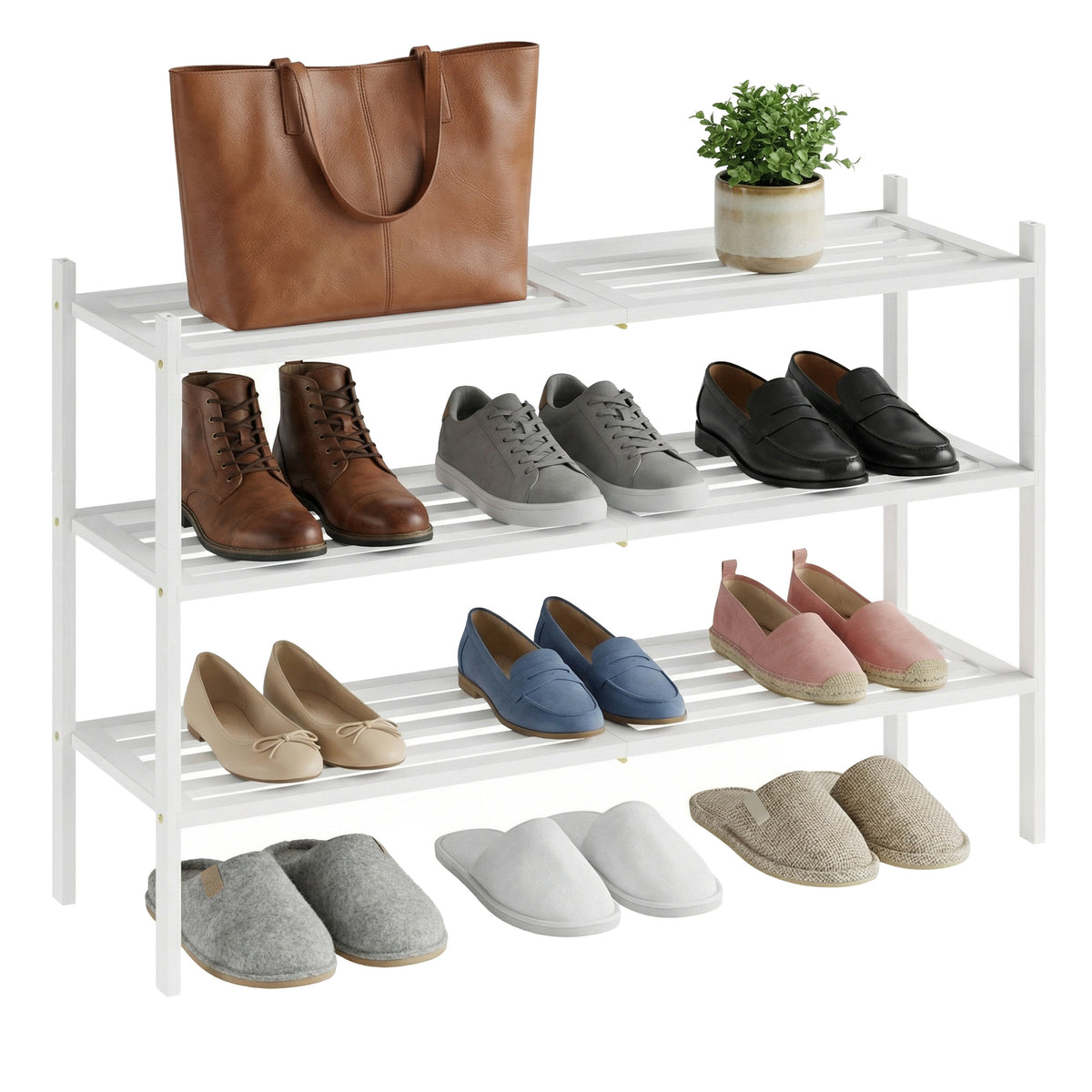 3-Tier Stackable Bamboo Shoe Rack, Space-Saving Freestanding Organizer for Entryway Closet, Holds 12-16 Pairs, Cloud White