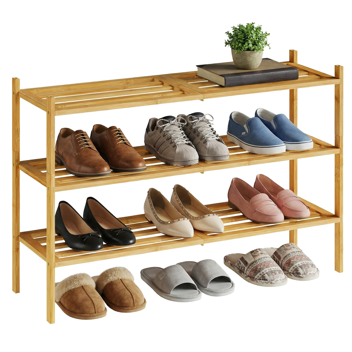 3-Tier Bamboo Shoe Organizer, Stackable Shoe Rack, Modular Design, Space-Saving Shelf for Bedroom or Entryway, Yellow
