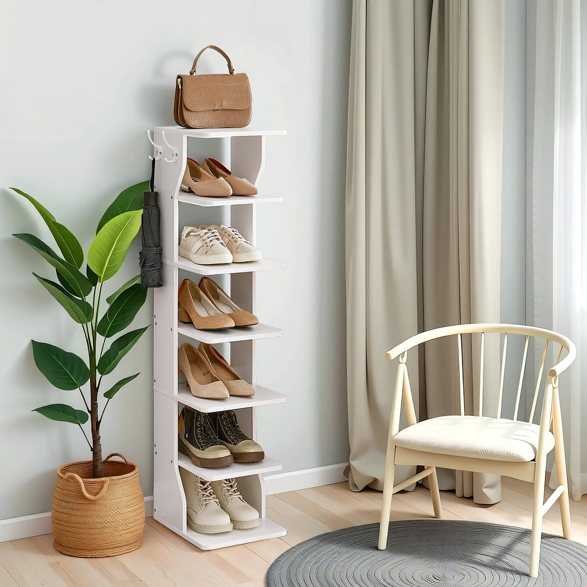 7-Tier Vertical Shoe Rack, Narrow Corner Shelf Organizer with Hooks, Space-Saving Tower for Entryway and Bedroom, White