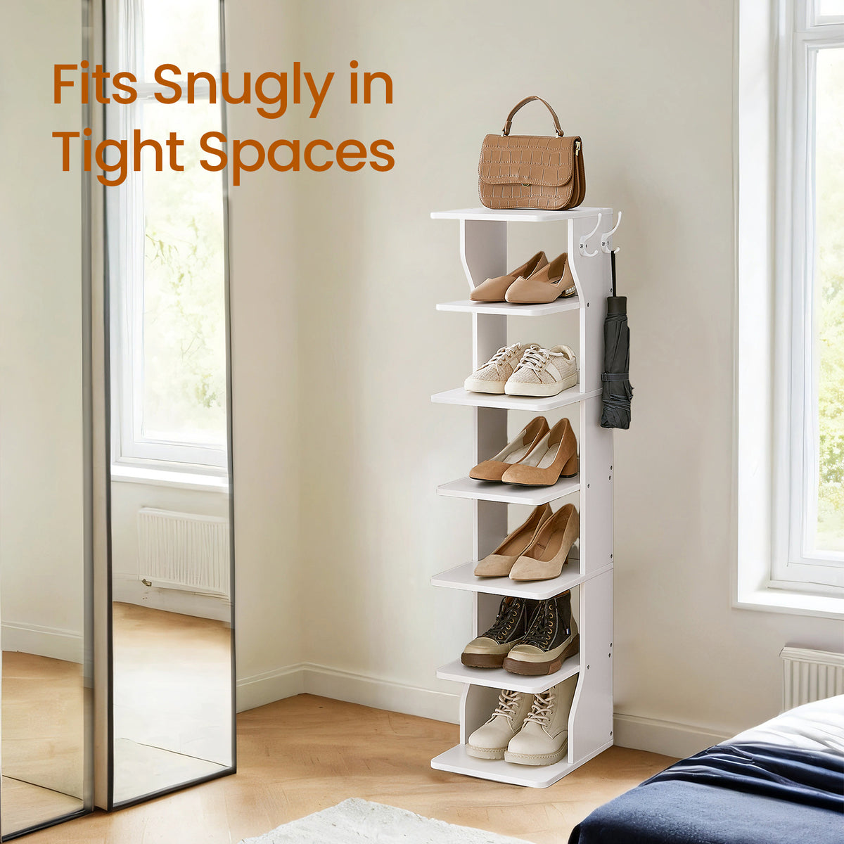 7-Tier Vertical Shoe Rack, Narrow Corner Shelf Organizer with Hooks, Space-Saving Tower for Entryway and Bedroom, White