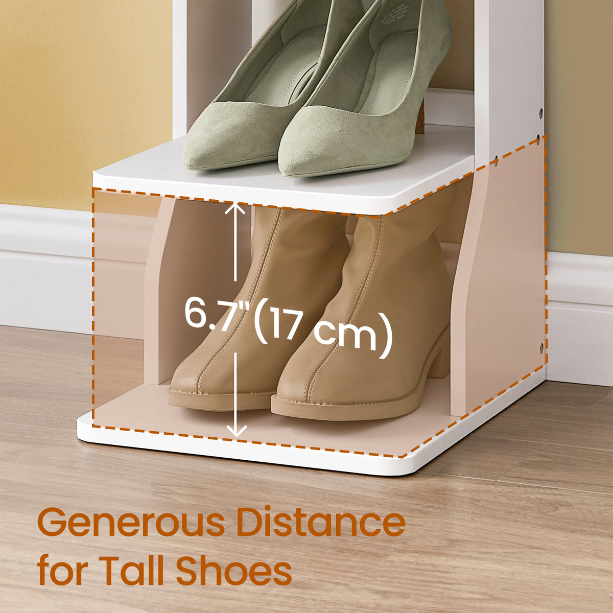 7-Tier Vertical Shoe Rack, Narrow Corner Shelf Organizer with Hooks, Space-Saving Tower for Entryway and Bedroom, White
