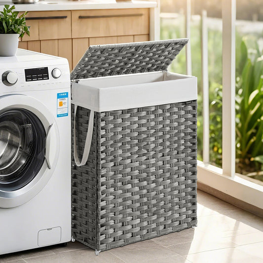 14.5-Gallon Slim Laundry Hamper with Lid, Rattan Clothes Basket with Removable Liner & Handles, Foldable, Space-Saving, Dove Gray