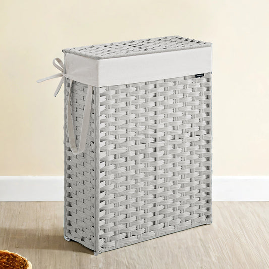 14.5-Gallon Slim Laundry Hamper with Lid, Rattan Clothes Basket with Removable Liner & Handles, Foldable, Space-Saving, Cloud White