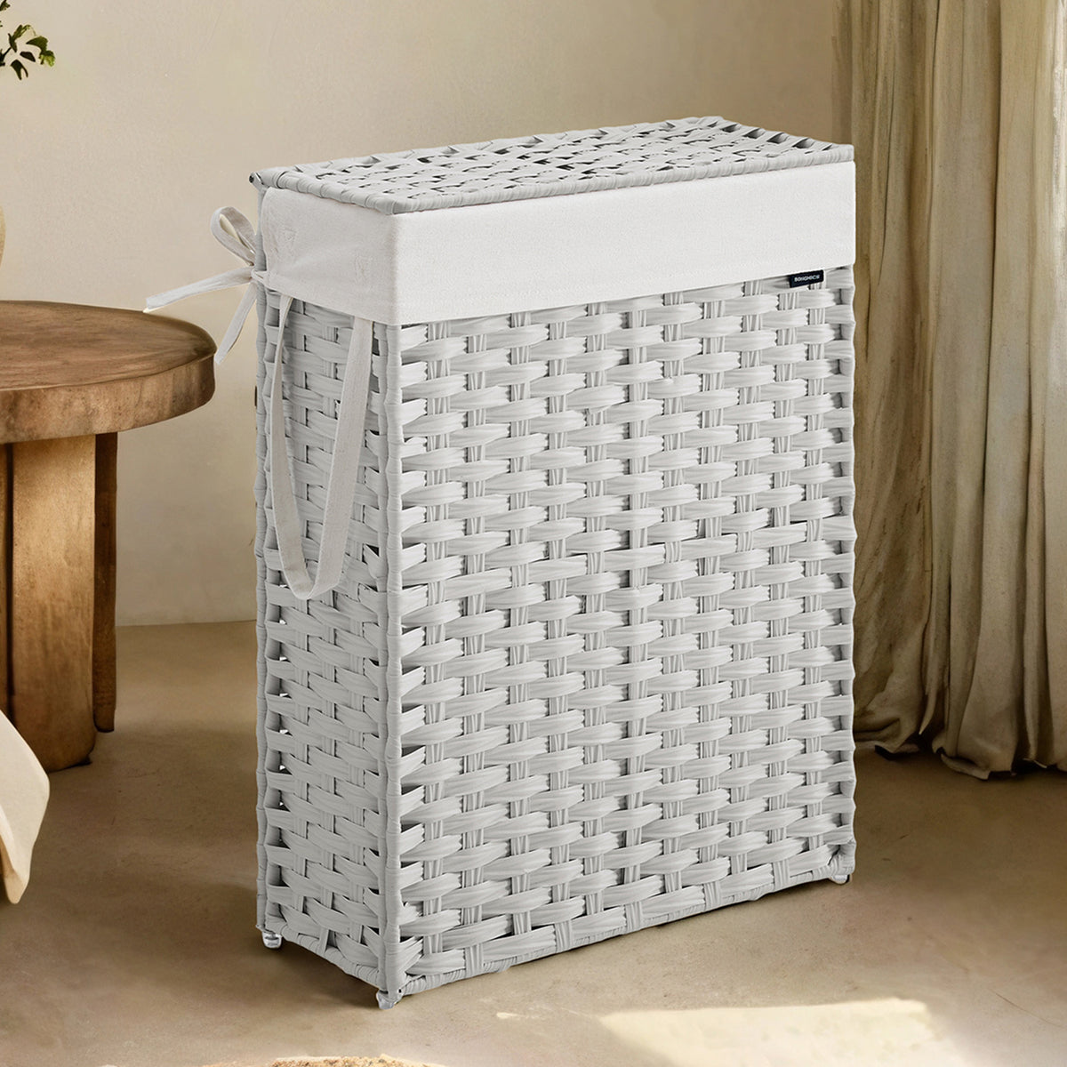 14.5-Gallon Slim Laundry Hamper with Lid, Rattan Clothes Basket with Removable Liner & Handles, Foldable, Space-Saving, Cloud White