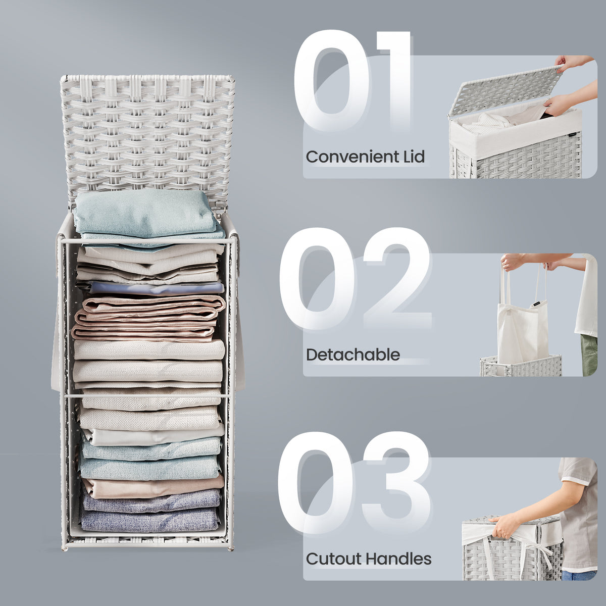 14.5-Gallon Slim Laundry Hamper with Lid, Rattan Clothes Basket with Removable Liner & Handles, Foldable, Space-Saving, Cloud White