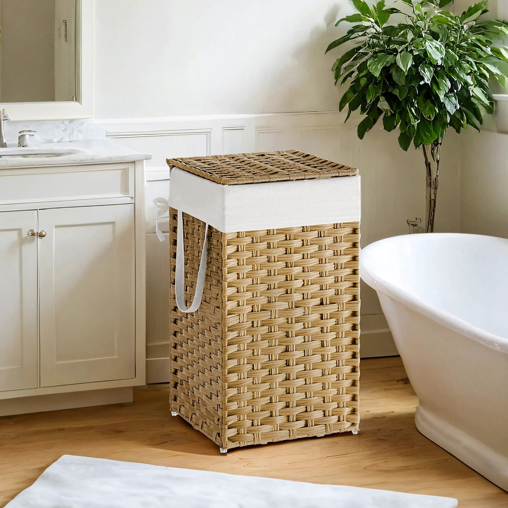 Foldable Laundry Hamper with Lid, 17.2 Gallon Capacity Synthetic Rattan Basket, Removable Washable Liner, 23.6 Inch, Goose Yellow
