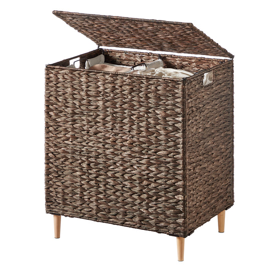 2-Section Handwoven Water Hyacinth Laundry Hamper with Lid, 34.3 Gal Wicker Basket, Removable Washable Liners, Espresso