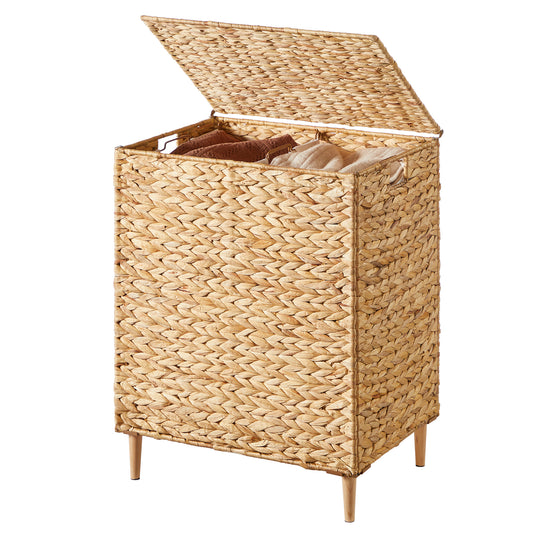 2-Section Handwoven Water Hyacinth Laundry Hamper with Lid, 34.3 Gal Wicker Basket, Removable Washable Liners, Natural