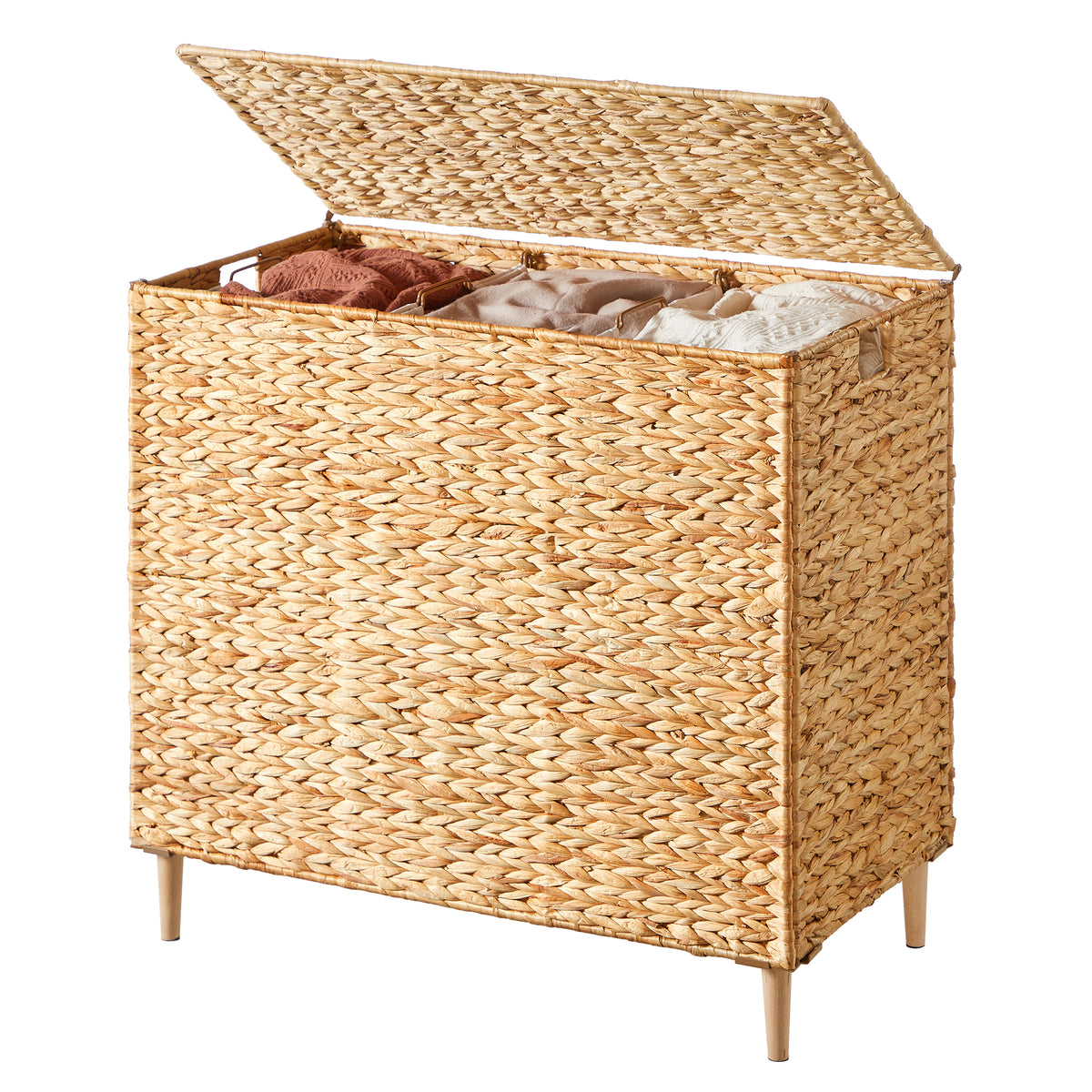 3-Section Handwoven Water Hyacinth Laundry Hamper with Lid, 47.5 Gal Wicker Basket, Removable Washable Liners, Natural