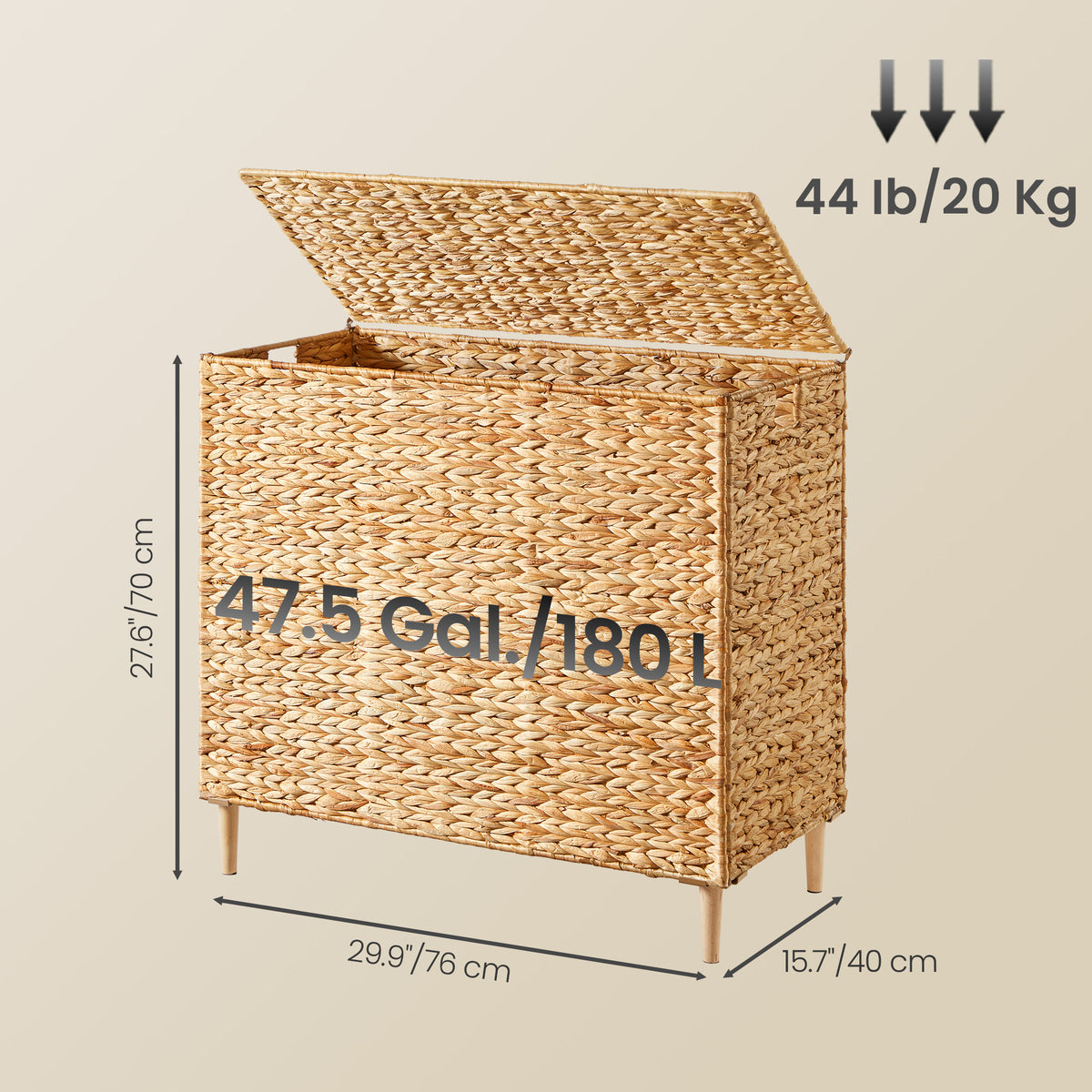 3-Section Handwoven Water Hyacinth Laundry Hamper with Lid, 47.5 Gal Wicker Basket, Removable Washable Liners, Natural