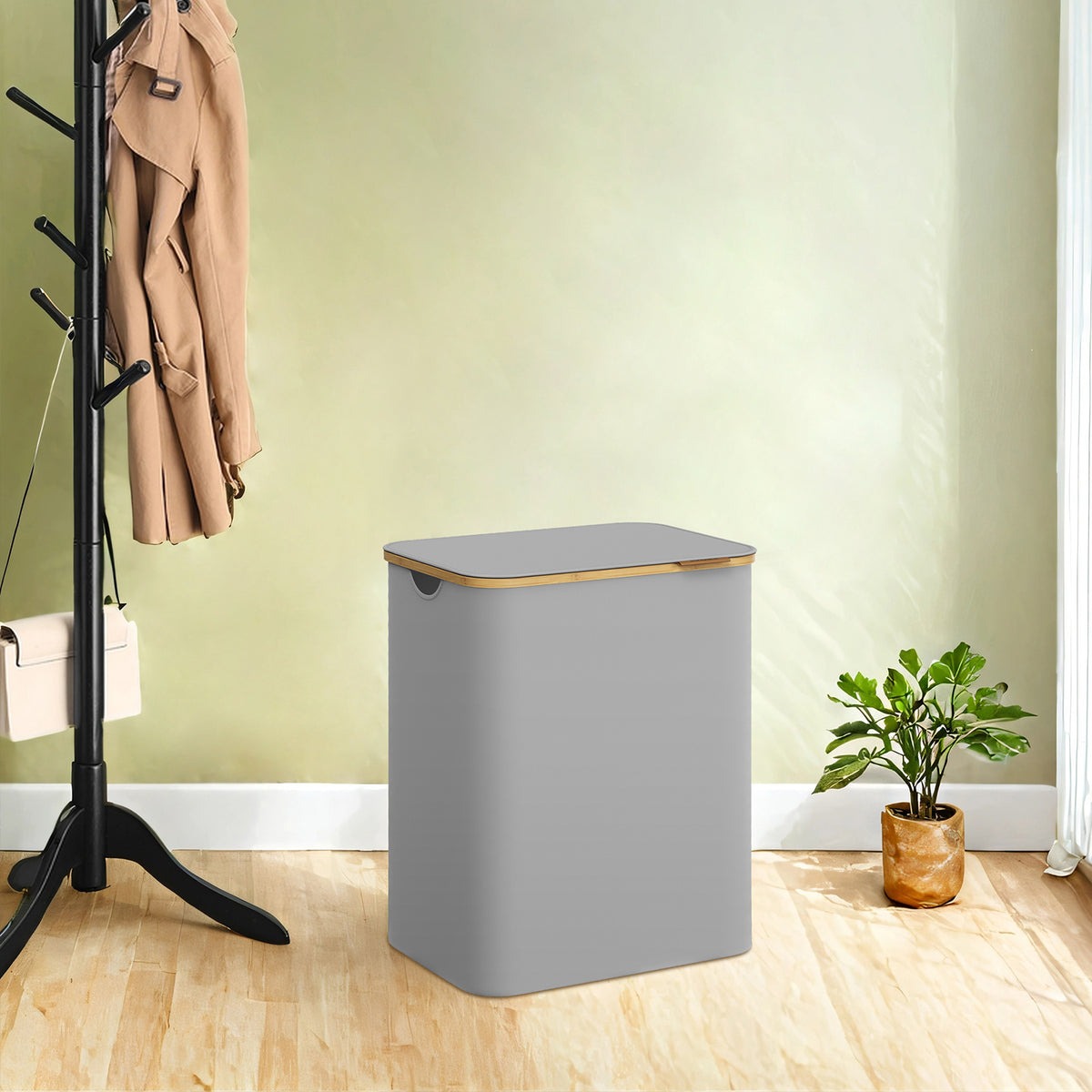 34.3-Gallon 2-Section Laundry Hamper with Removable Mesh Liners, Collapsible Frame & Bamboo Handles, Dove Gray