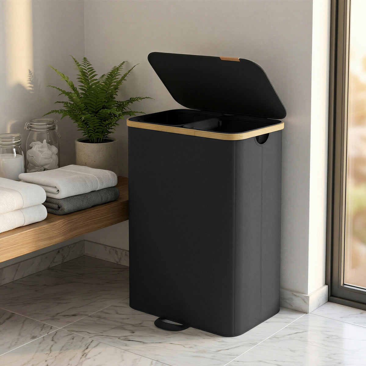Laundry Hamper with Lid, 2-Section Sorter Basket, Removable Liners, Bamboo Frame, 39.6 Gal Storage for Bedroom, Ink Black