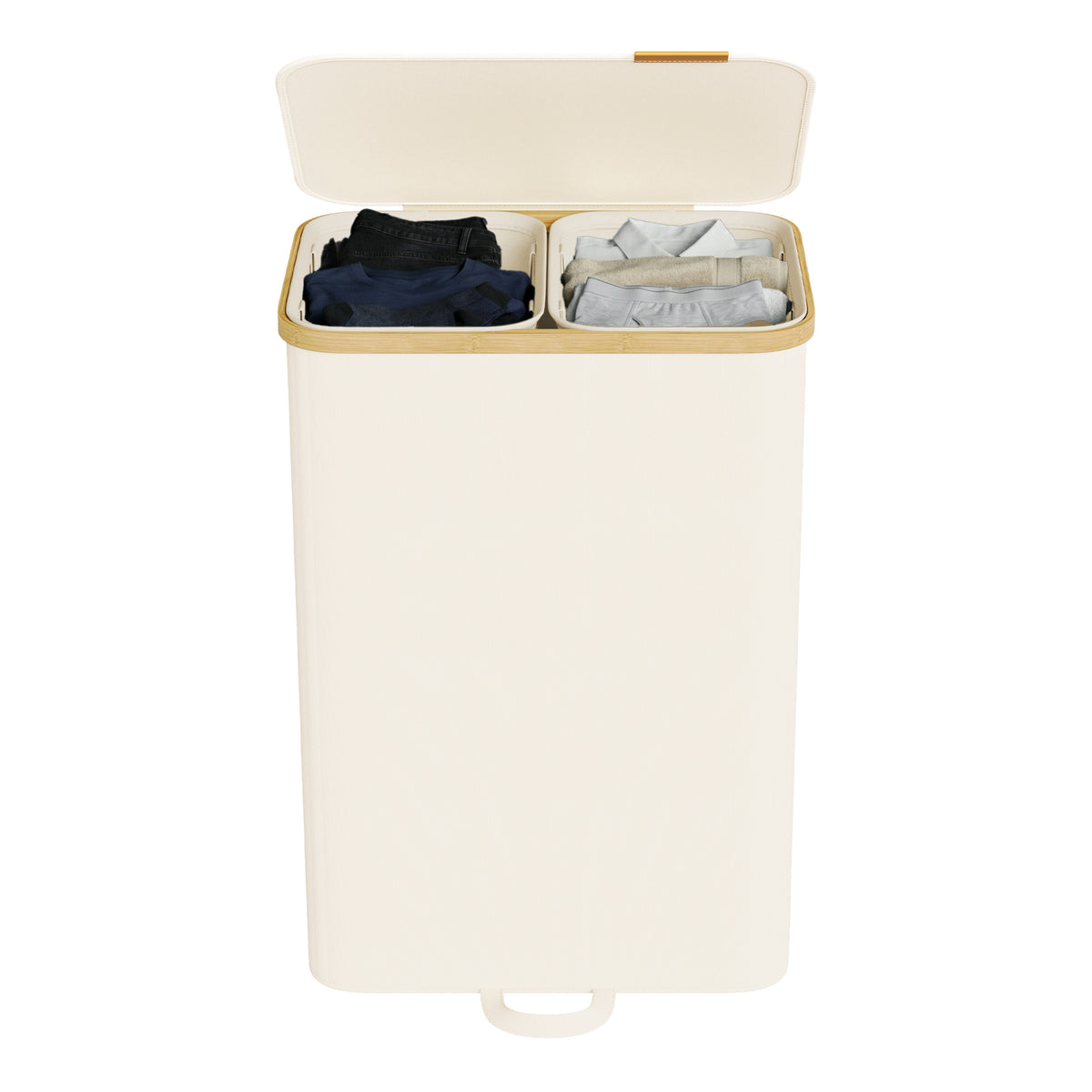 Laundry Hamper with Lid, 2-Section Sorter Basket, Removable Liners, Bamboo Frame, 39.6 Gal Storage for Bedroom, Cream White
