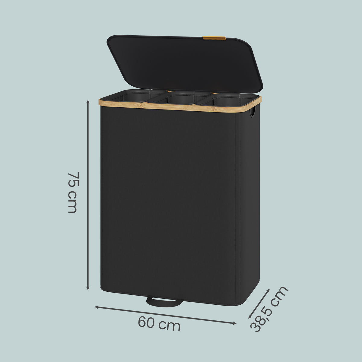 Laundry Hamper with Lid, 3-Section Sorter Basket, Removable Liners, Bamboo Frame, 44.9 Gal Storage for Bedroom, Ink Black