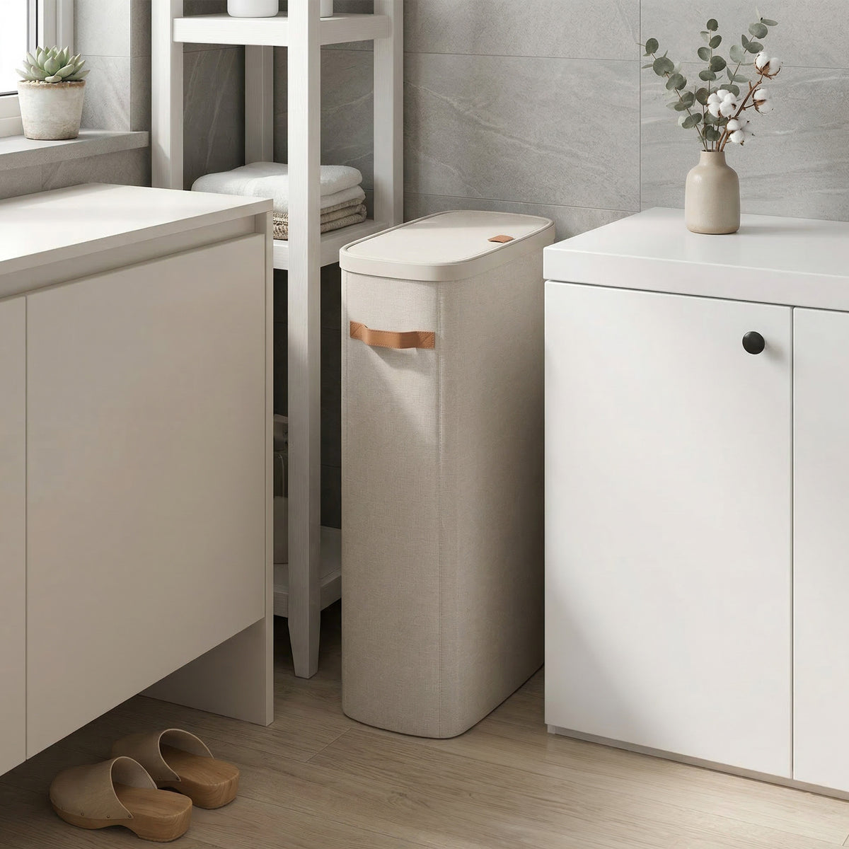 Dual-Compartment Laundry Basket with Lid, Handles and Removable Liners, Easy-Assembly Laundry Hamper, Beige