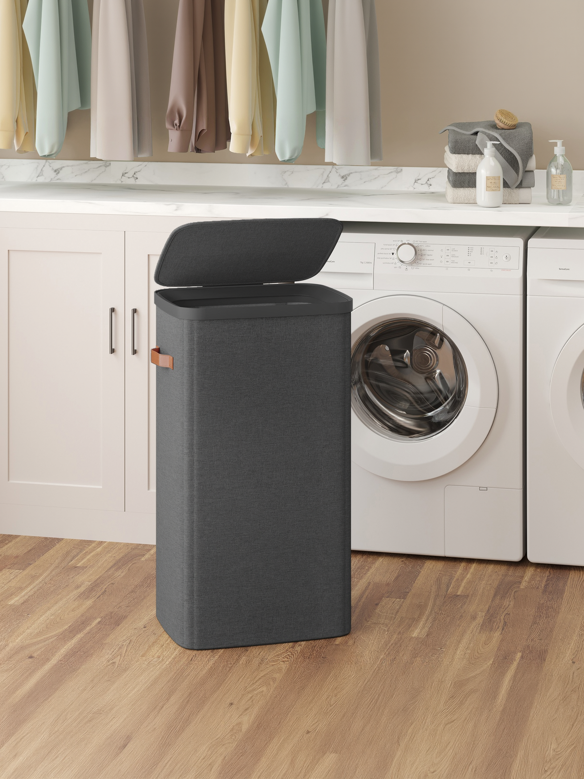 26.4 Gallon Laundry Basket with Lid, Easy Assembly Laundry Hamper with Removable Liner and Handles, Ink Black