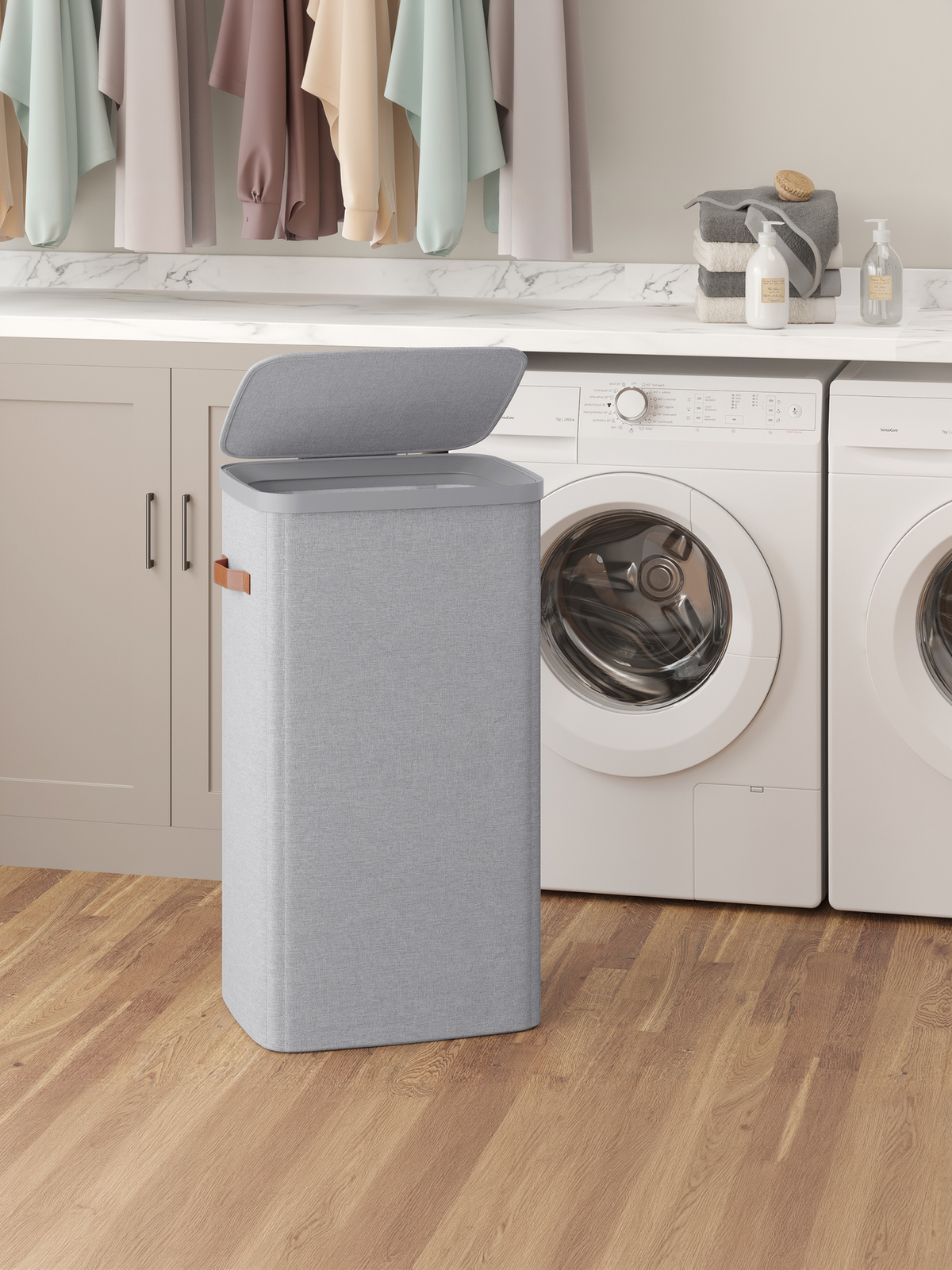 26.4 Gallon Laundry Basket with Lid, Easy Assembly Laundry Hamper with Removable Liner and Handles, Dove Gray