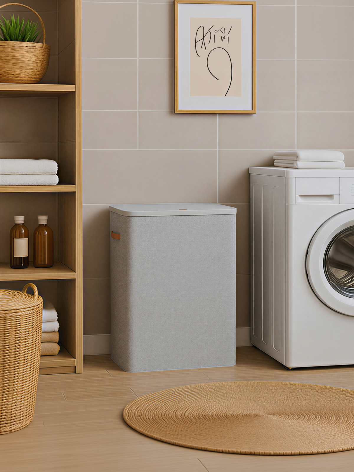 Laundry Hamper, 50.2 Gal 3-Compartment Basket with Lid & Removable Liners, for Whole Family Laundry Sorting, Dove Gray