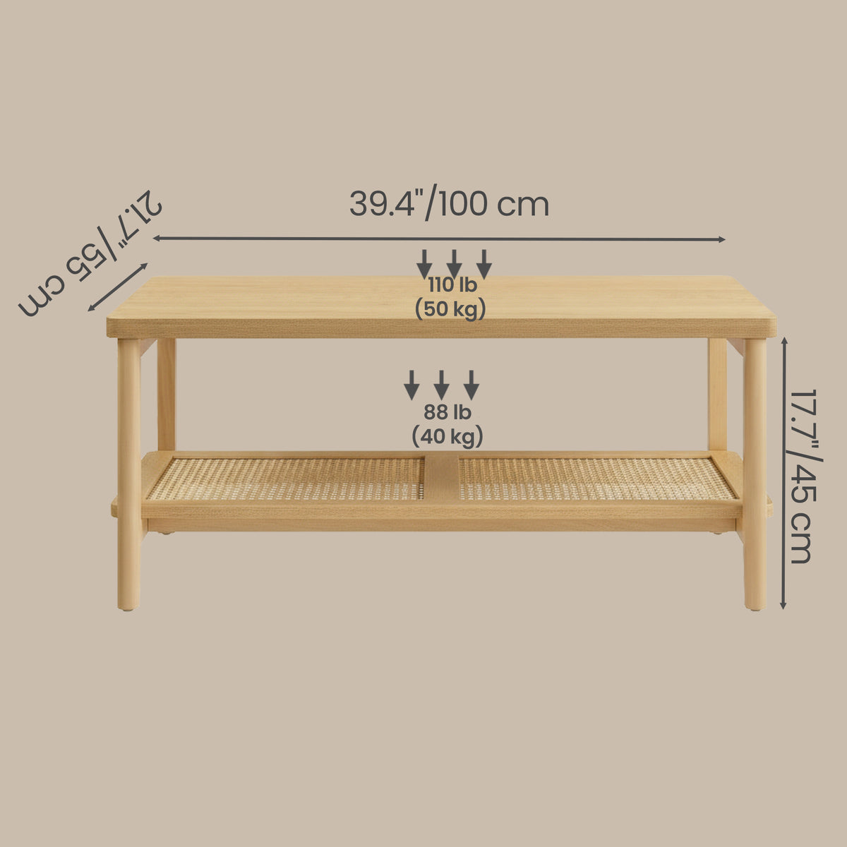 2-Tier Rectangular Coffee Table with Rattan Storage Shelf, Boho Style Living Room Table, Rounded Corners, 39.4" W, Oak Beige