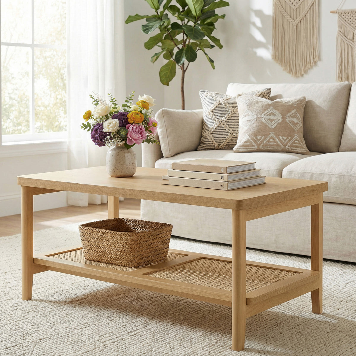 2-Tier Rectangular Coffee Table with Rattan Storage Shelf, Boho Style Living Room Table, Rounded Corners, 39.4" W, Oak Beige
