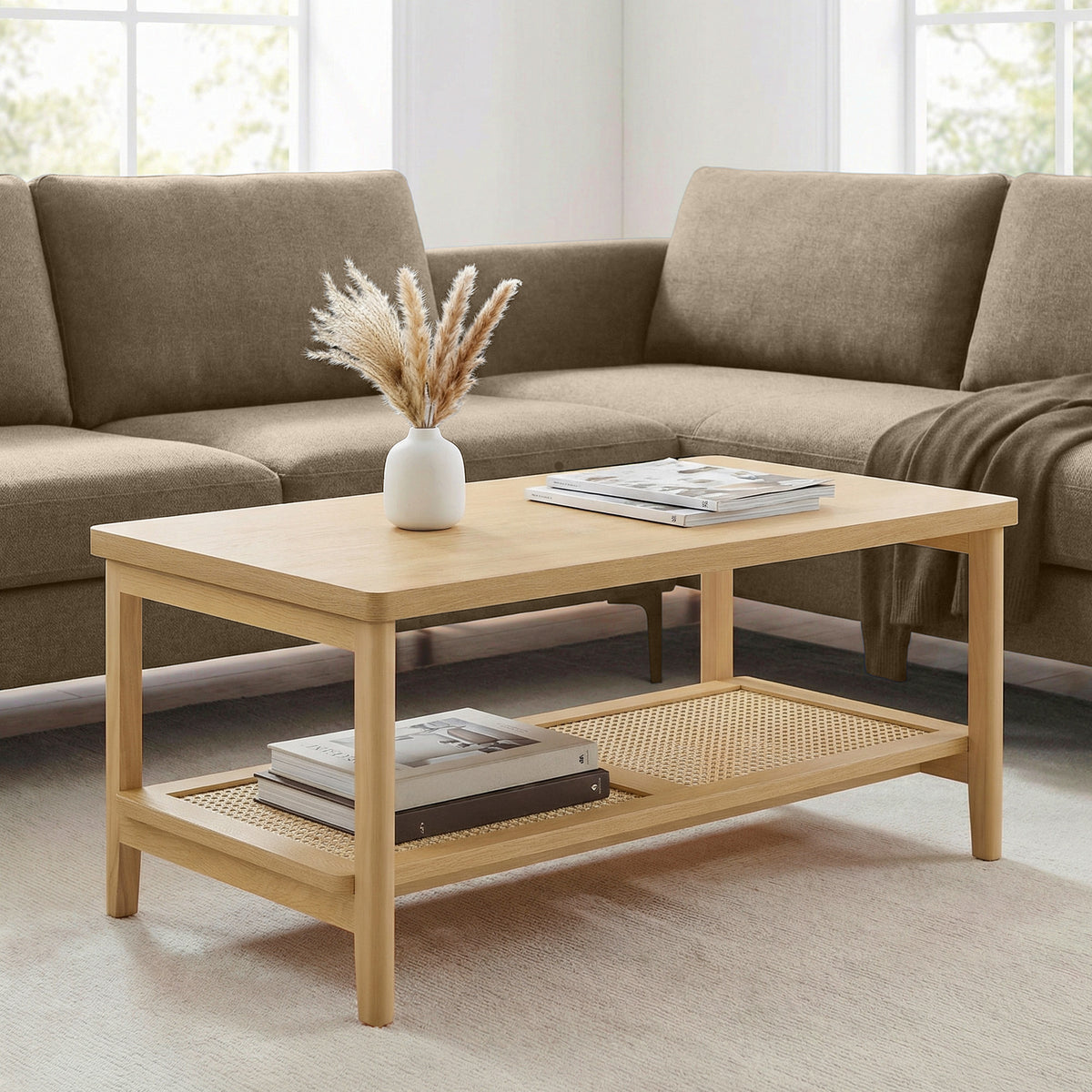2-Tier Rectangular Coffee Table with Rattan Storage Shelf, Boho Style Living Room Table, Rounded Corners, 39.4" W, Oak Beige