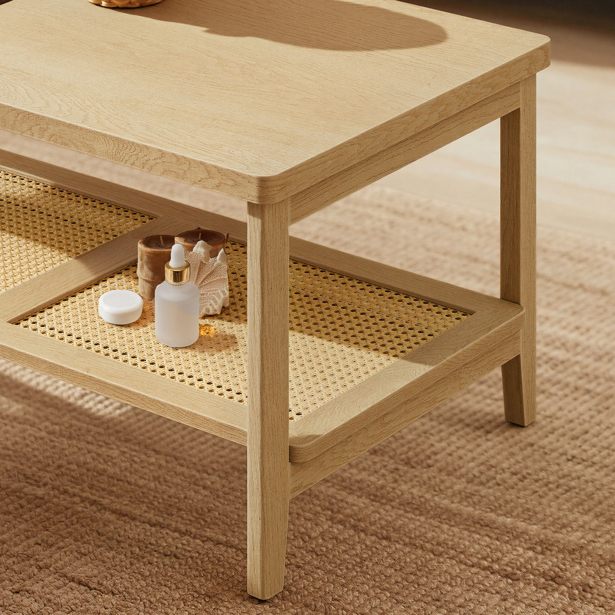 2-Tier Rectangular Coffee Table with Rattan Storage Shelf, Boho Style Living Room Table, Rounded Corners, 39.4" W, Oak Beige