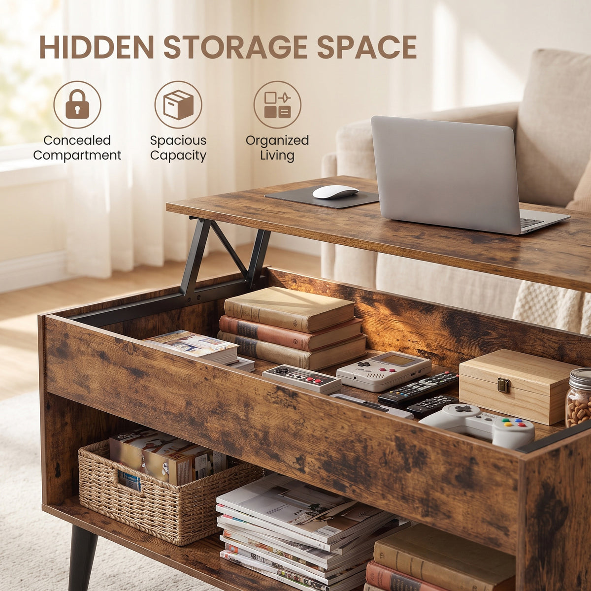 Gas-Spring Lift-Top Coffee Table, Convertible Work or Dining Surface, Hidden Compartment & Bottom Shelf, Rustic Brown