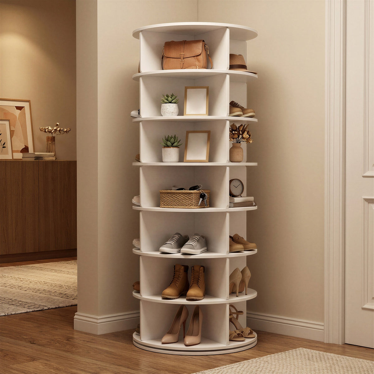 LEDREM 7-Tier Rotating Shoe Rack Tower, 360° Spinning Lazy Susan Organizer for 28 Pairs, Free Standing Corner Storage, White