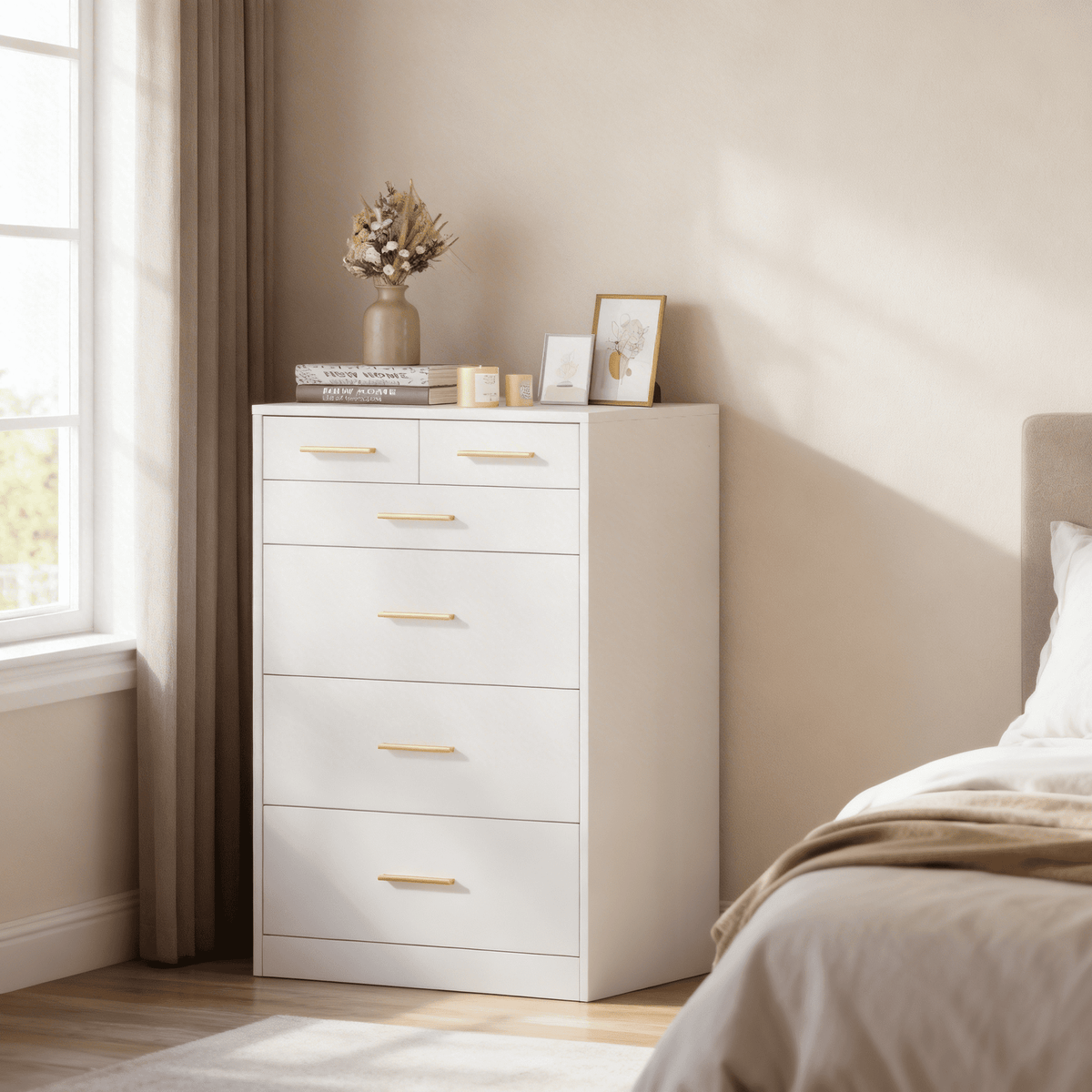 LEDREM Bedroom Chest of Drawers, Modern Storage Dresser with 6 Drawers, TV Stand for Living Room, White