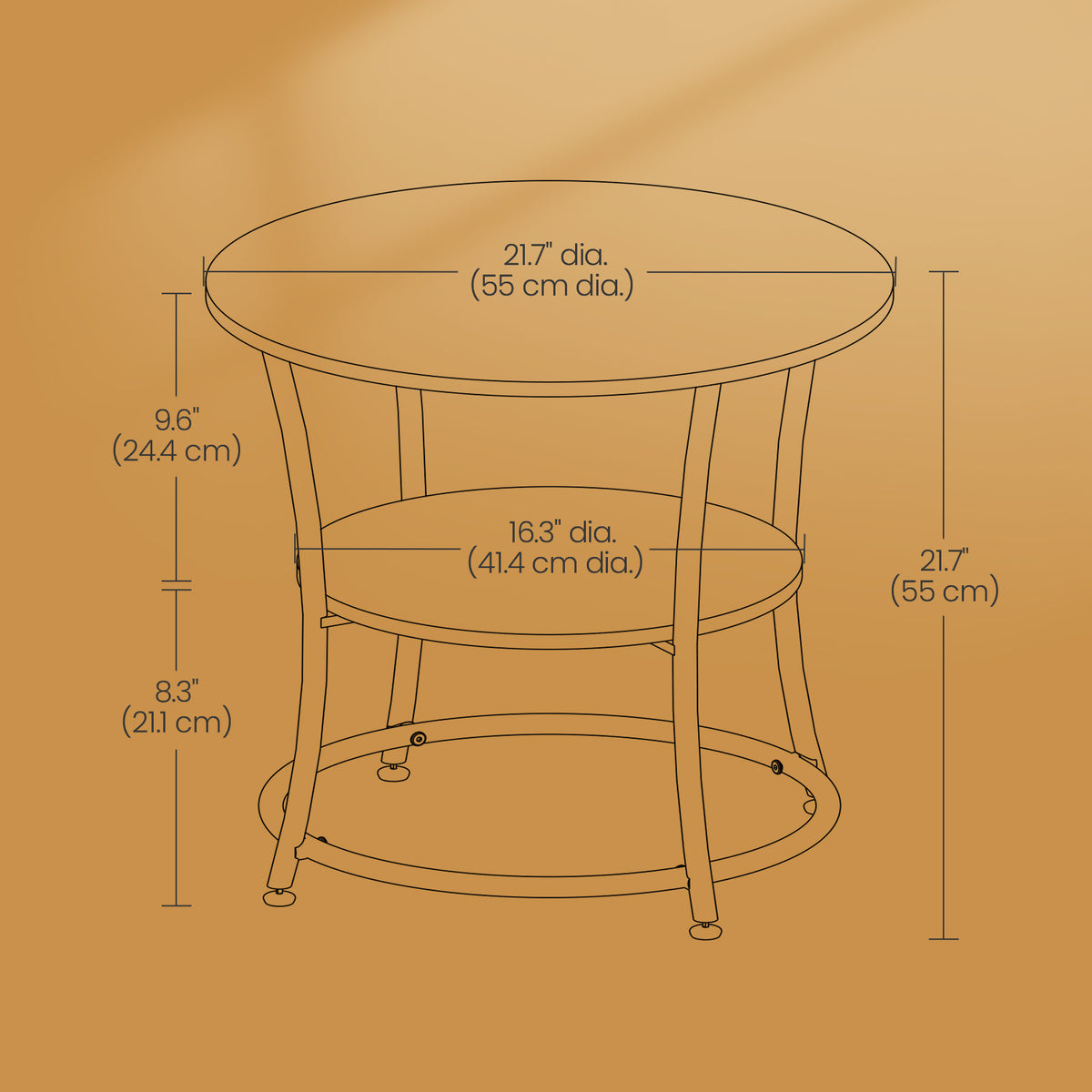 Round Side Table with Storage - 2-Tier Design, Steel Frame, 66lb Capacity, Space-Saving, Rustic Walnut and Black