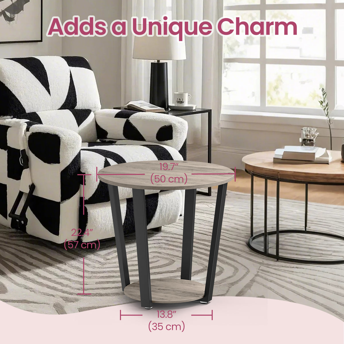 2-Tier Round Side Table, Industrial Accent Table with Storage Shelf, Easy Assembly Nightstand for Small Spaces, Heather Greige & Ink Black