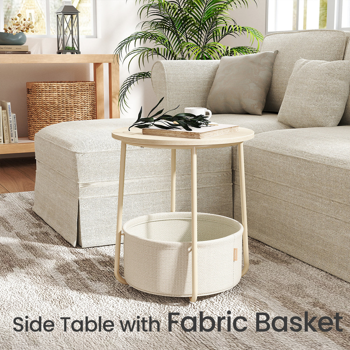 Round End Table with Fabric Basket - Modern Nightstand, Space-Saving Design, Easy Assembly, Cream White
