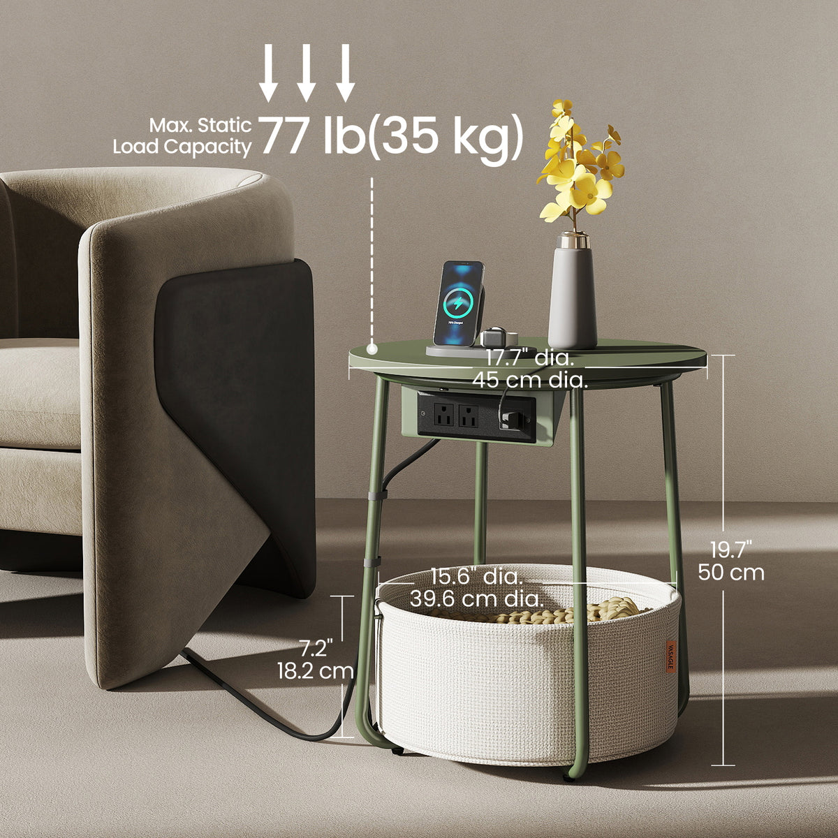 Round Charging Side Table - End Table with 2 Outlets & Fabric Basket, Space-Saving Nightstand, Forest Green and Cream White