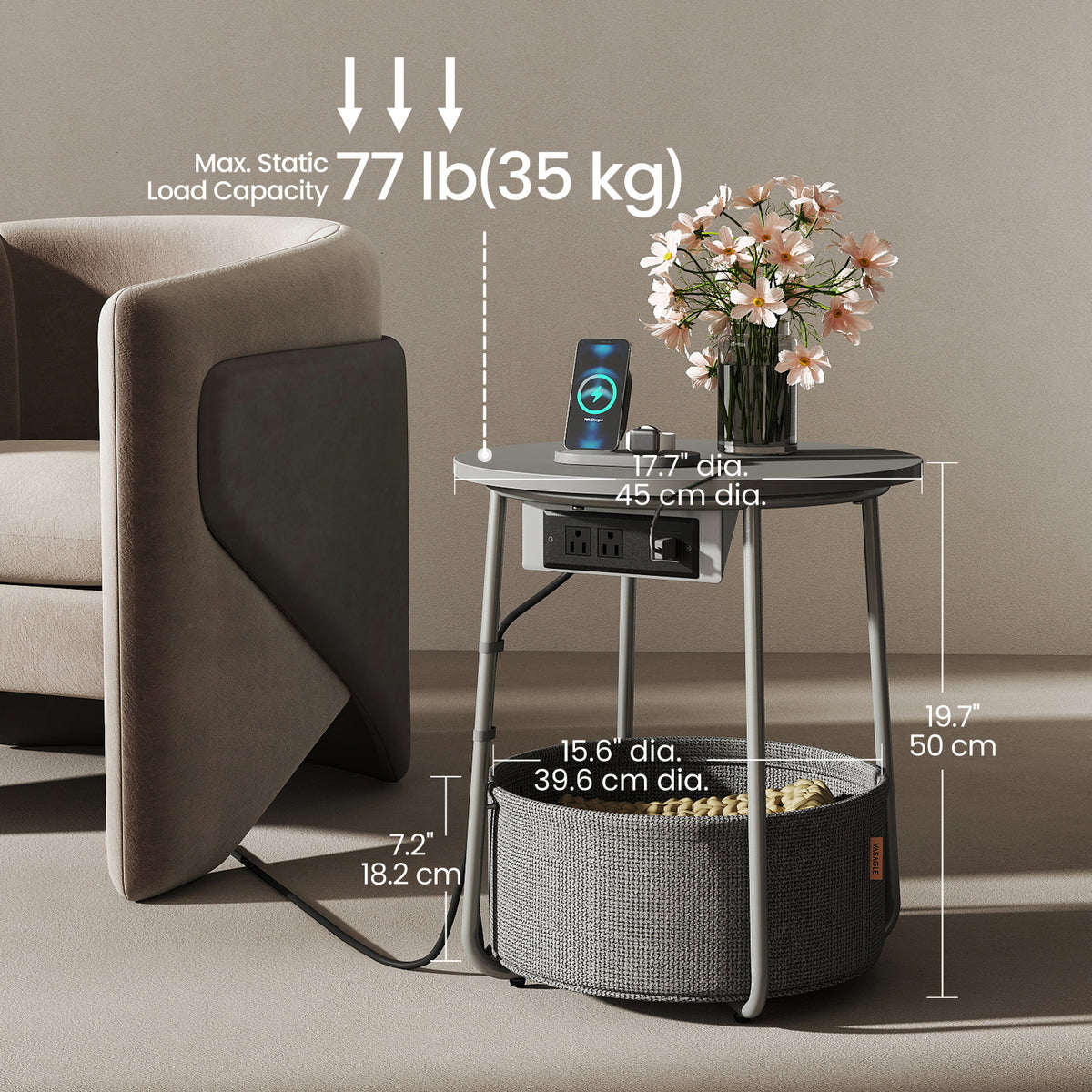 Round Charging Side Table - End Table with 2 Outlets & Fabric Basket, Space-Saving Nightstand, Dove Gray and Slate Gray