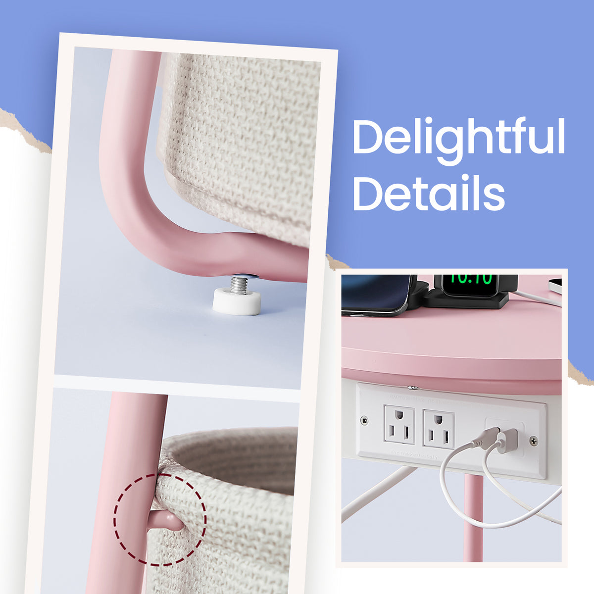 Round Charging Side Table - End Table with 2 Outlets & Fabric Basket, Space-Saving Nightstand, Jelly Pink and Cream White