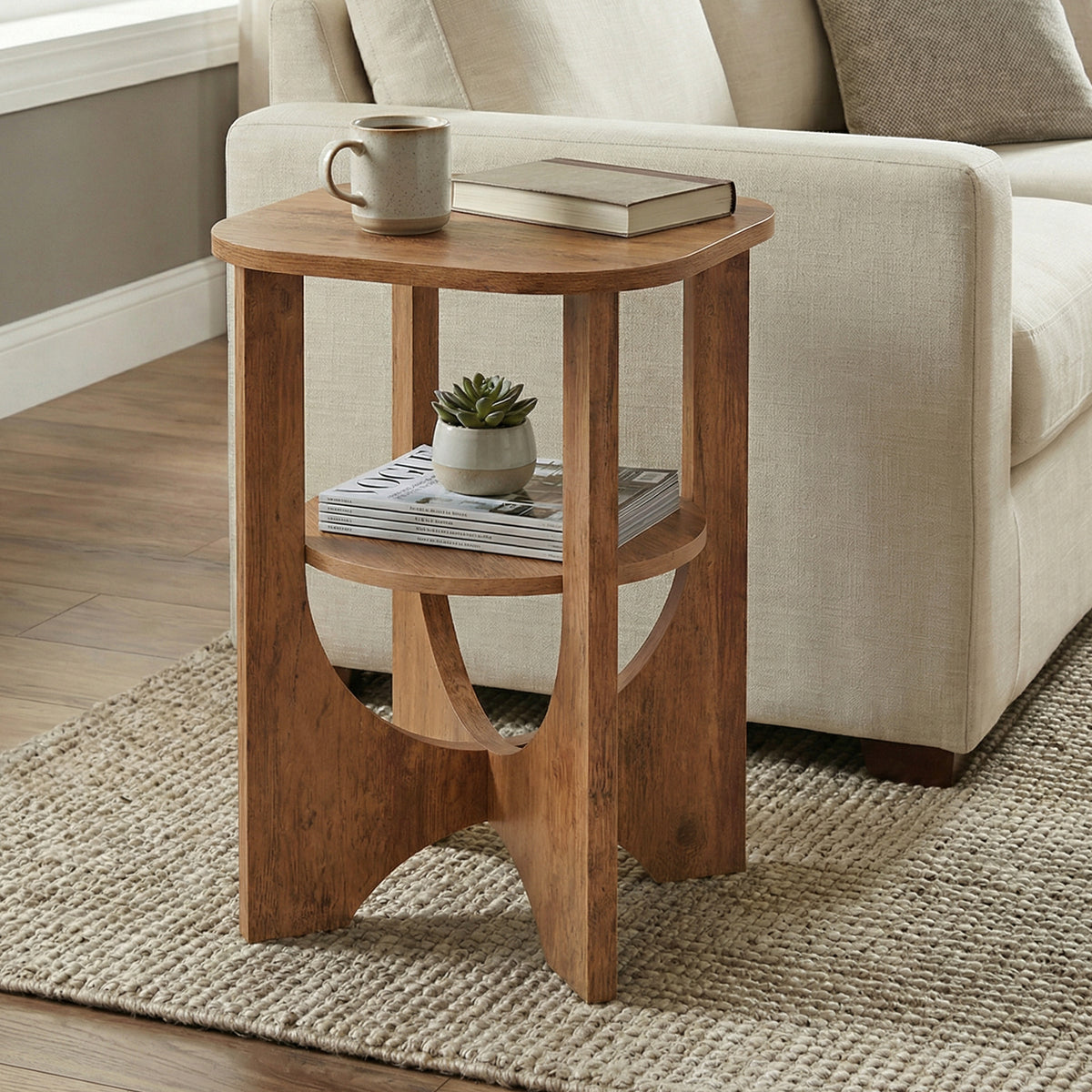 2-Tier Side Table, Small Accent End Table with Lower Shelf, Nightstand for Living Room Bedroom, Space-Saving, Honey Brown