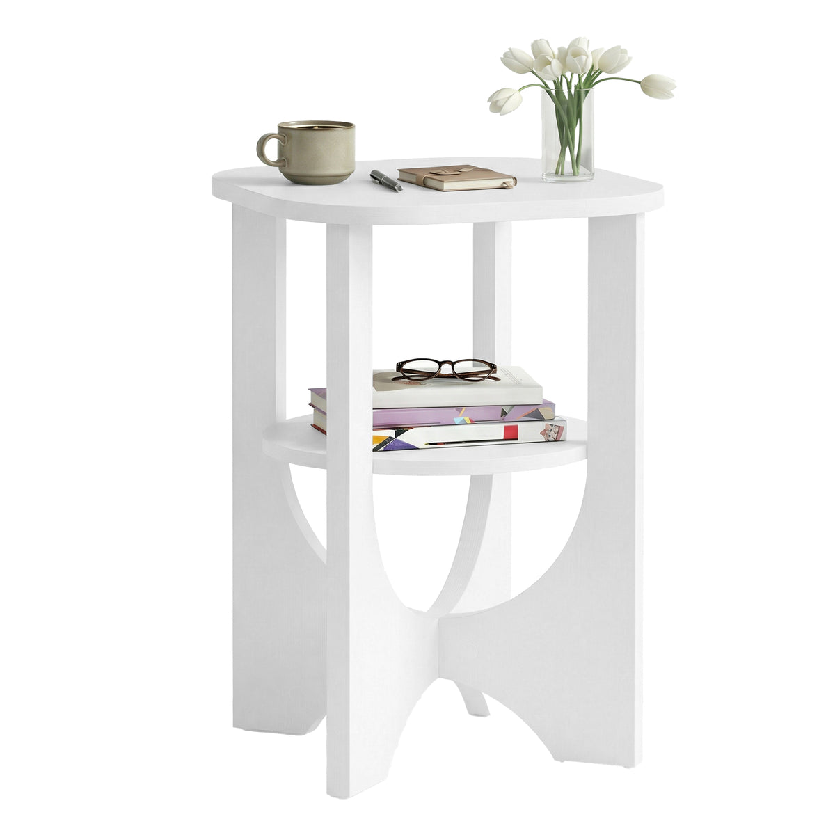 2 Tier Small Side End Table, Nightstand with Lower Shelf for Small Spaces, Living Room, Bedroom, White
