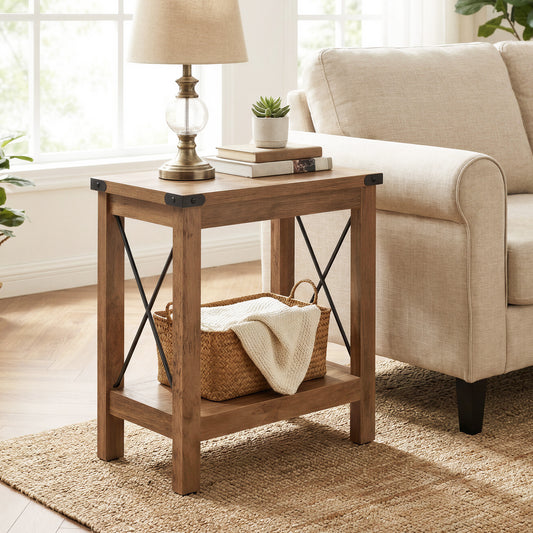 2-Tier Farmhouse End Table, Small Side Table with Bottom Shelf, Nightstand for Living Room, Bedroom, 23.6 x 21.6 x 11.8 Inches, Honey Brown