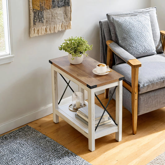 2-Tier Farmhouse End Table with Bottom Shelf, Small Side Table for Living Room, Bedroom, 23.6 x 21.6 x 11.8 Inches, Rustic White and Honey Brown