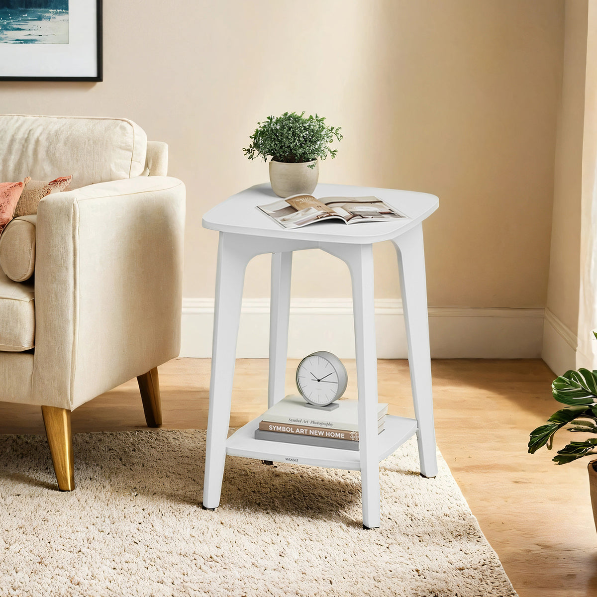 Modern Square Side Table with Lower Shelf, 2-Tier Space-Saving End Table, Nightstand, 15.7" Compact Accent Table, Cloud White