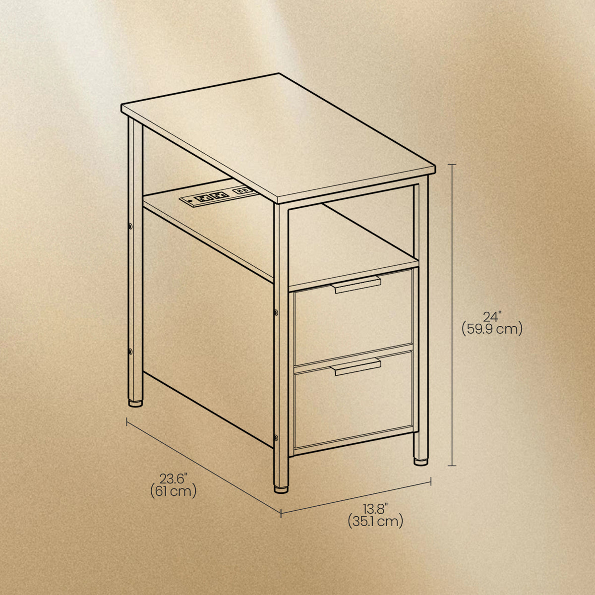 Narrow Charging Side Table - Rustic End Table with 2 Drawers & Power Strip, Space-Saving Nightstand, Brown and Black