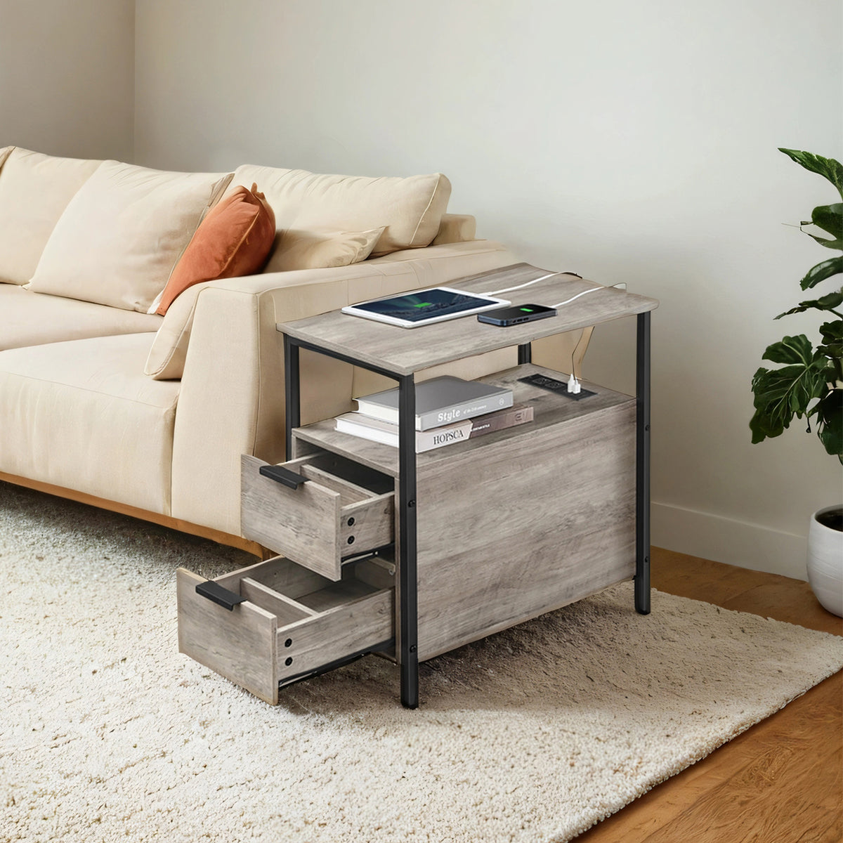 Narrow Charging Side Table - Slim End Table with 2 Drawers & Power Strip, Space-Saving Nightstand, Greige and Black