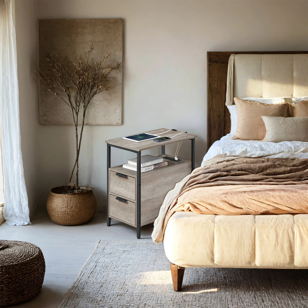 Narrow Charging Side Table - Slim End Table with 2 Drawers & Power Strip, Space-Saving Nightstand, Greige and Black